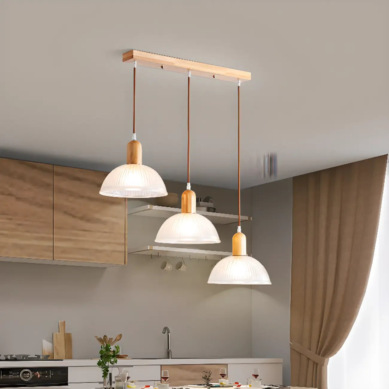 Adjustable Glass Dome Wooden Island Pendant Light  for Kitchen