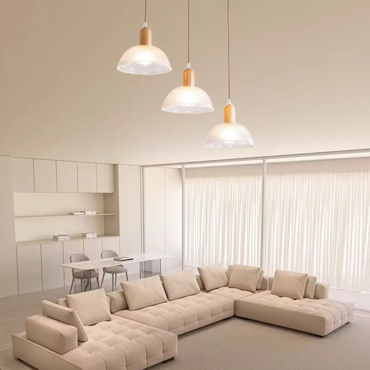 Adjustable Glass Dome Wooden Island Pendant Light  for Kitchen