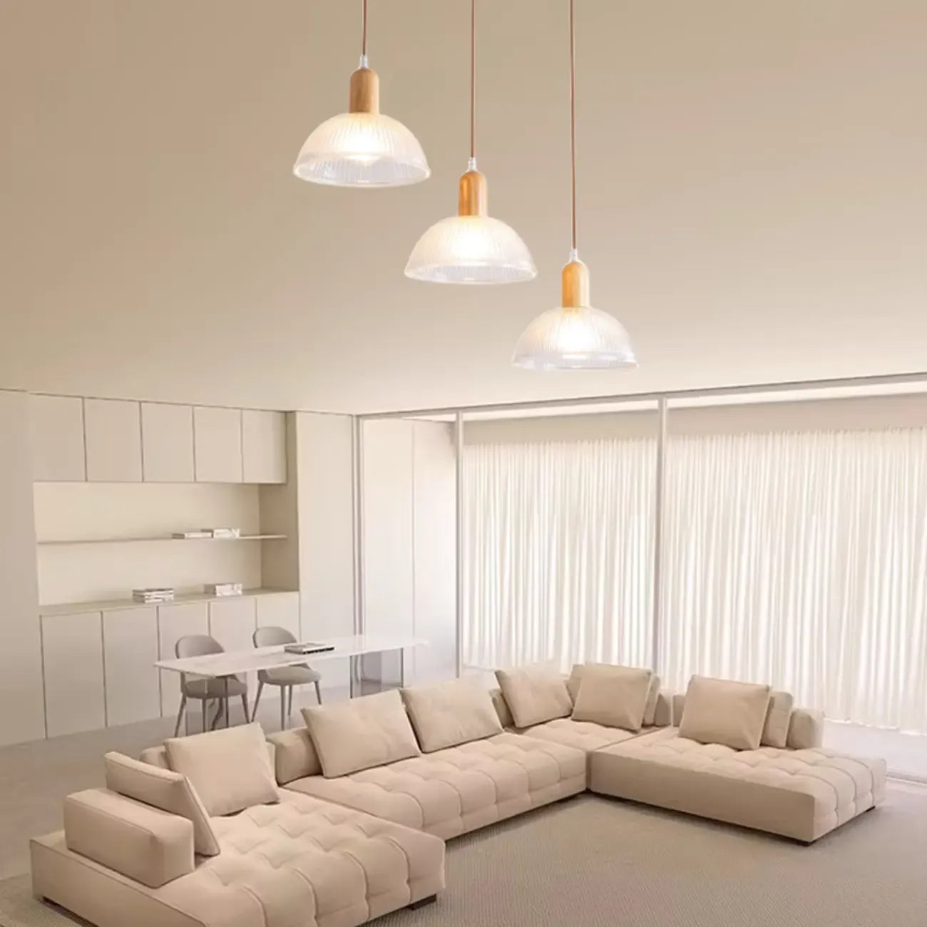 Adjustable Glass Dome Wooden Island Pendant Light  for Kitchen