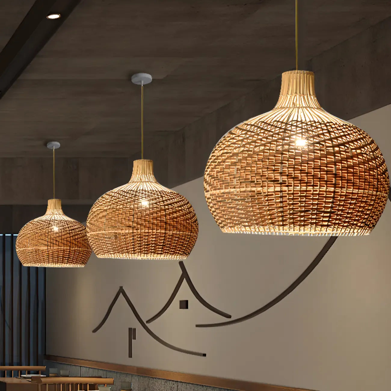 Oriental Rattan Dome Pendant Light Large for Kitchen Dining