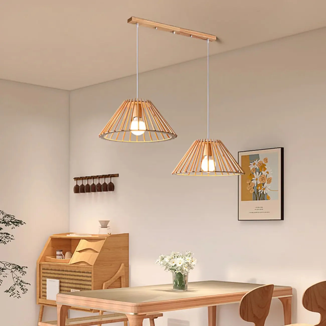 2-Light Modern Wood Island Pendant Light for Kitchen