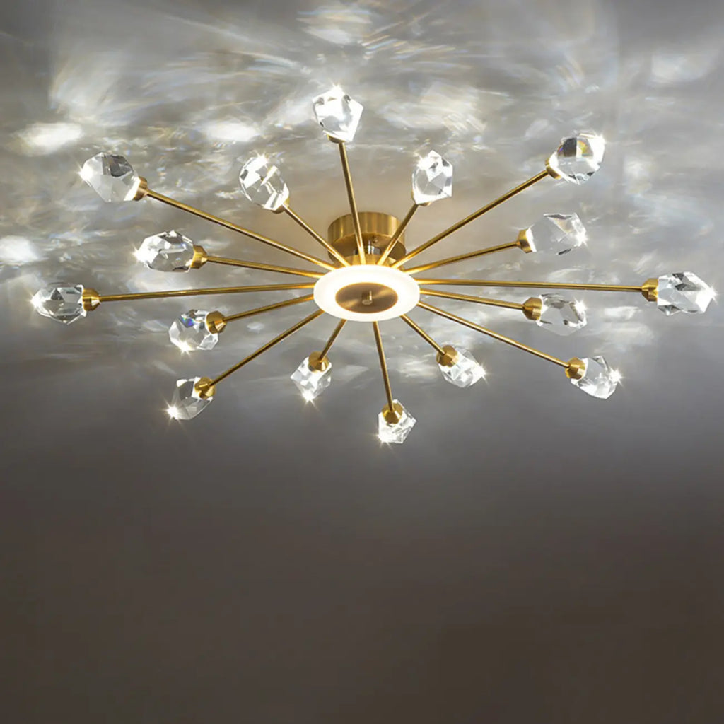 Gold Sputnik Crystal Semi Flush Dimmable LED Ceiling Light