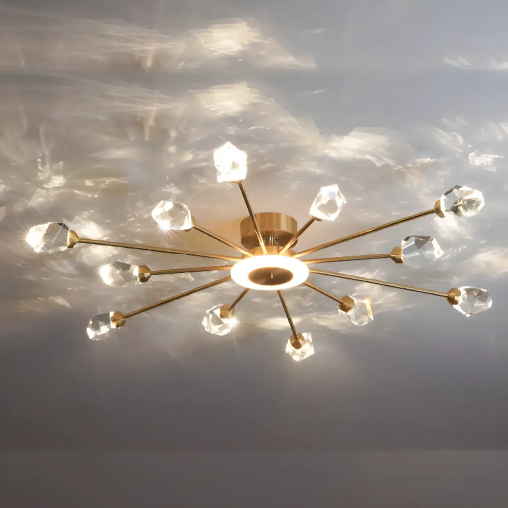 Gold Sputnik Crystal Semi Flush Dimmable LED Ceiling Light