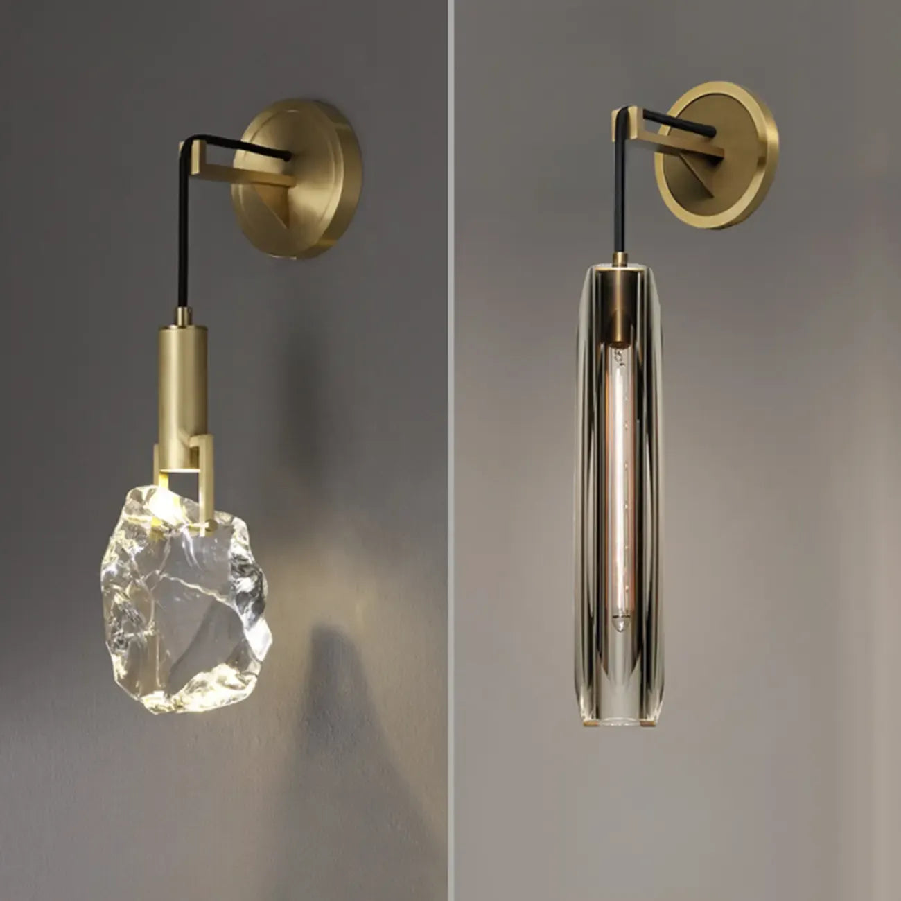 Modern Indoor Brass Wall Sconce with Geometric Crystal Shade