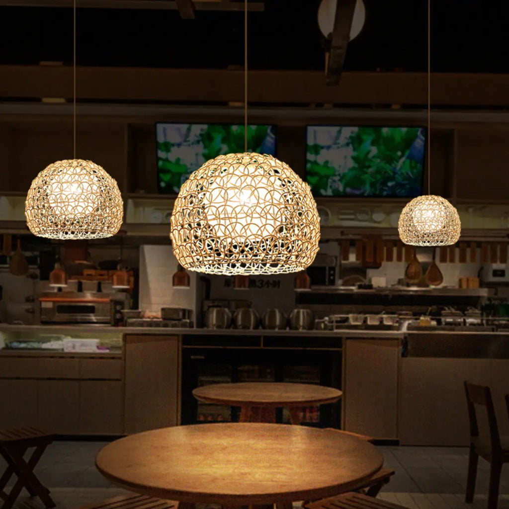 Rustic Rattan Dome Pendant Light for Kitchen Dining
