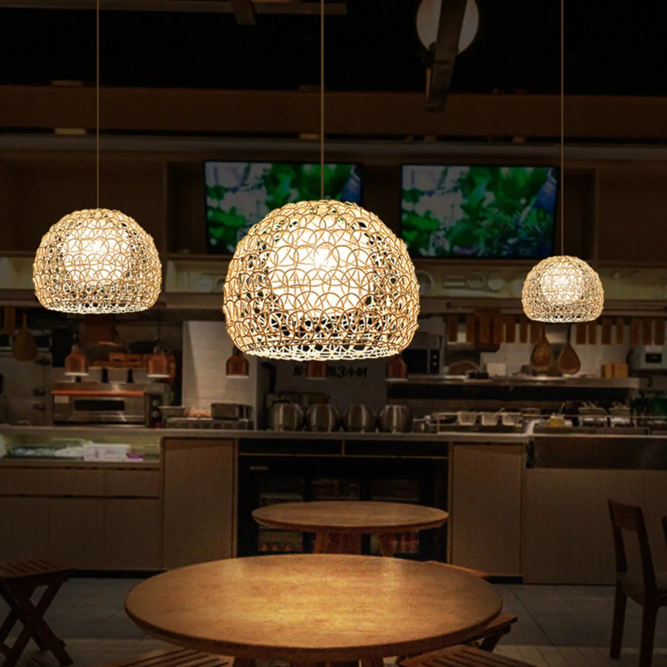 Rustic Rattan Dome Pendant Light for Kitchen Dining