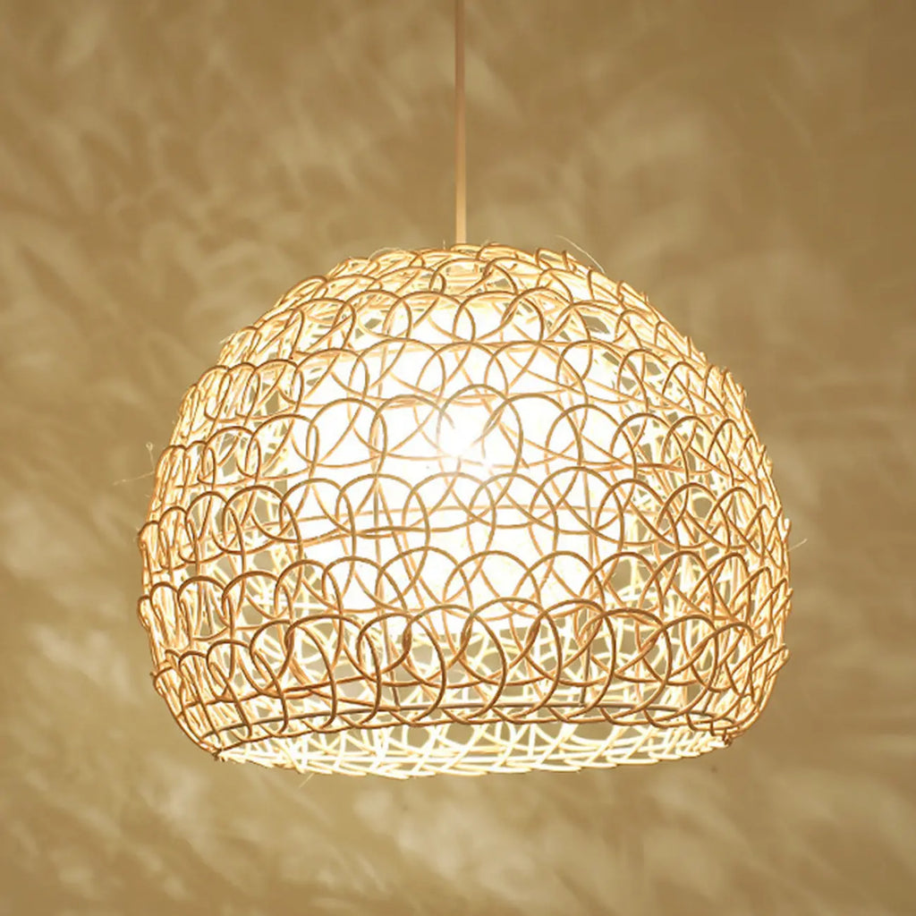 Rustic Rattan Dome Pendant Light for Kitchen Dining