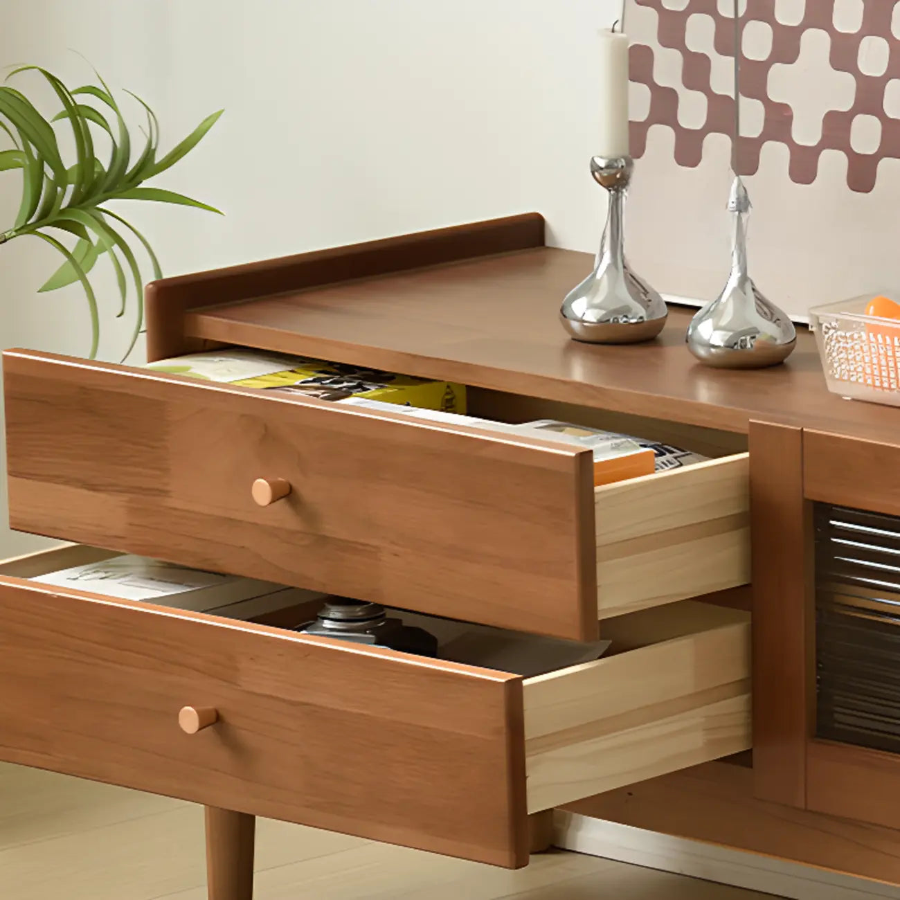 87 Living Room Walnut Wood TV Stand with Adjustable Shelves