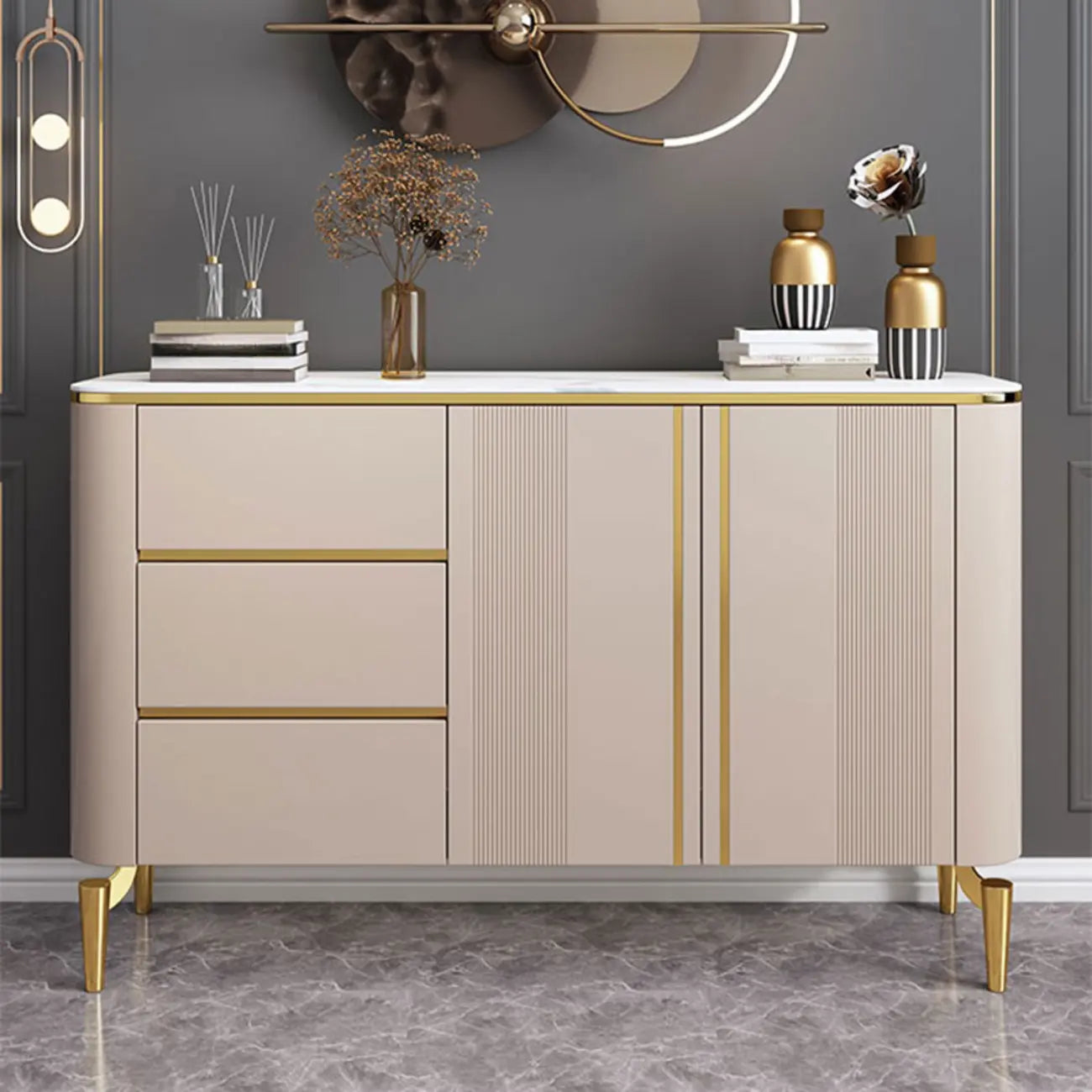 Glam Large Stone Top Handle Free Gold Metal Storage Cabinet