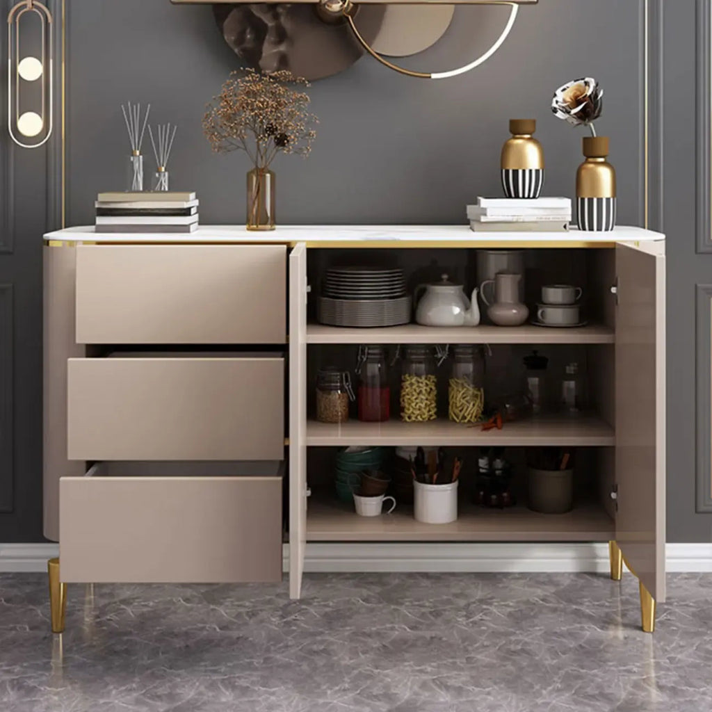 Glam Large Stone Top Handle Free Gold Metal Storage Cabinet