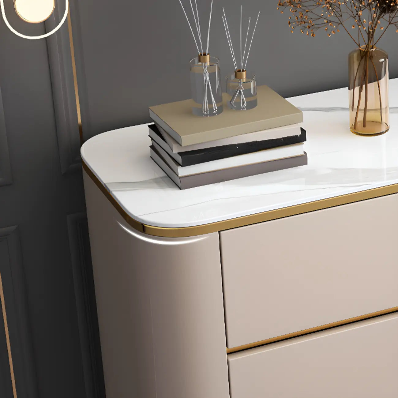 Glam Large Stone Top Handle Free Gold Metal Storage Cabinet