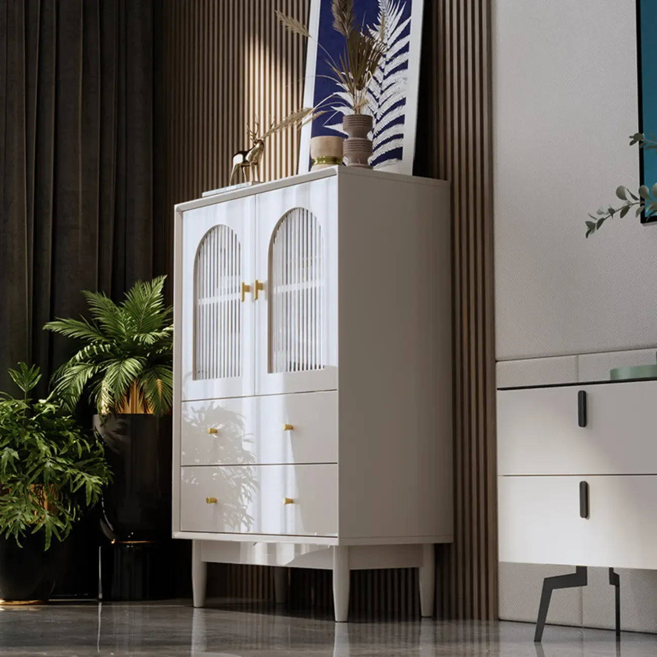 Modern Elegant White Lumber Storage Cabinet with Glass Doors