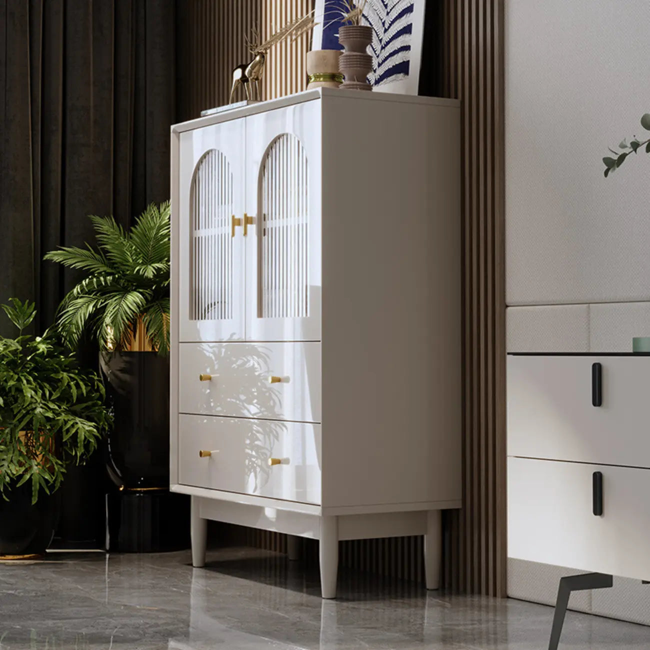 Modern Elegant White Lumber Storage Cabinet with Glass Doors