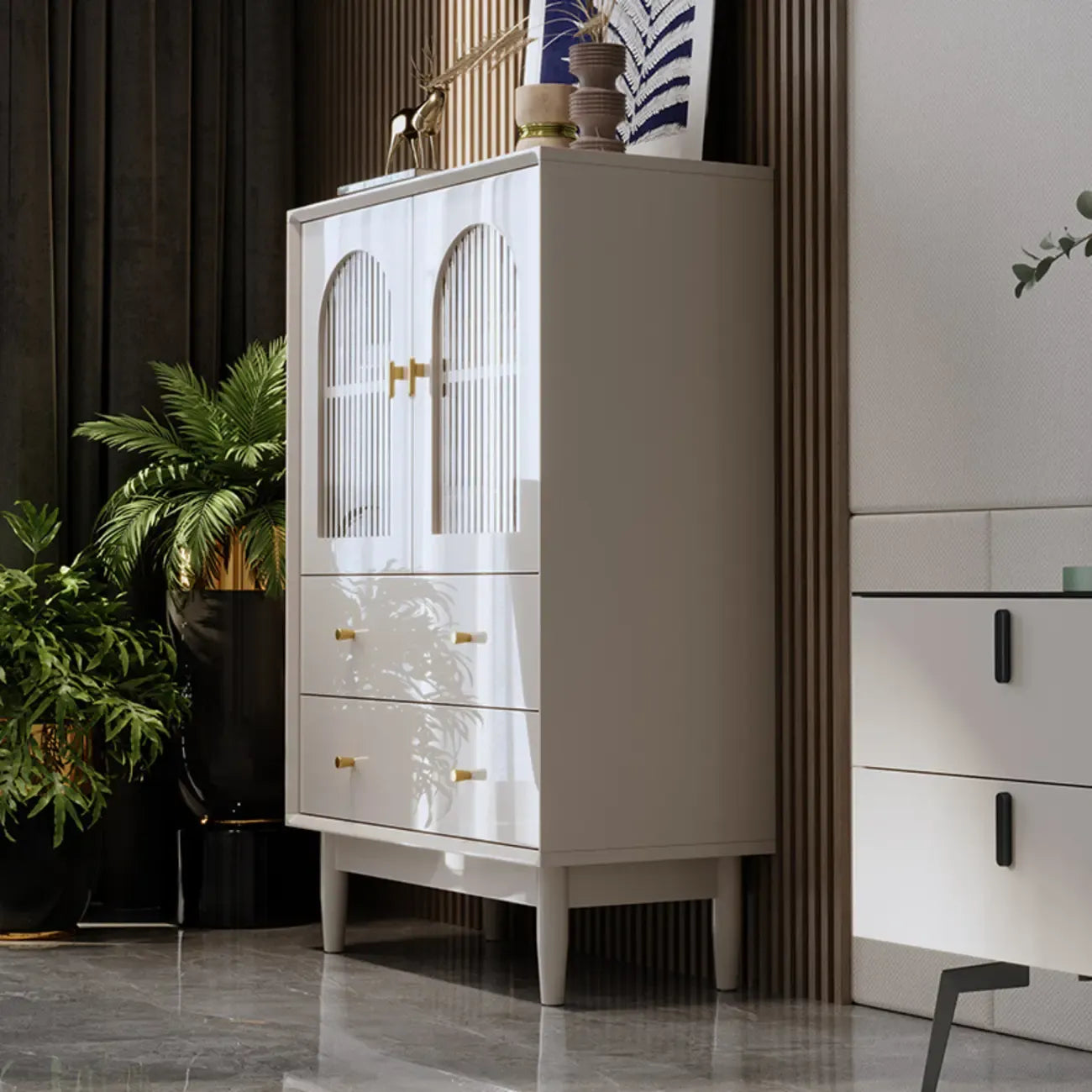 Modern Elegant White Lumber Storage Cabinet with Glass Doors