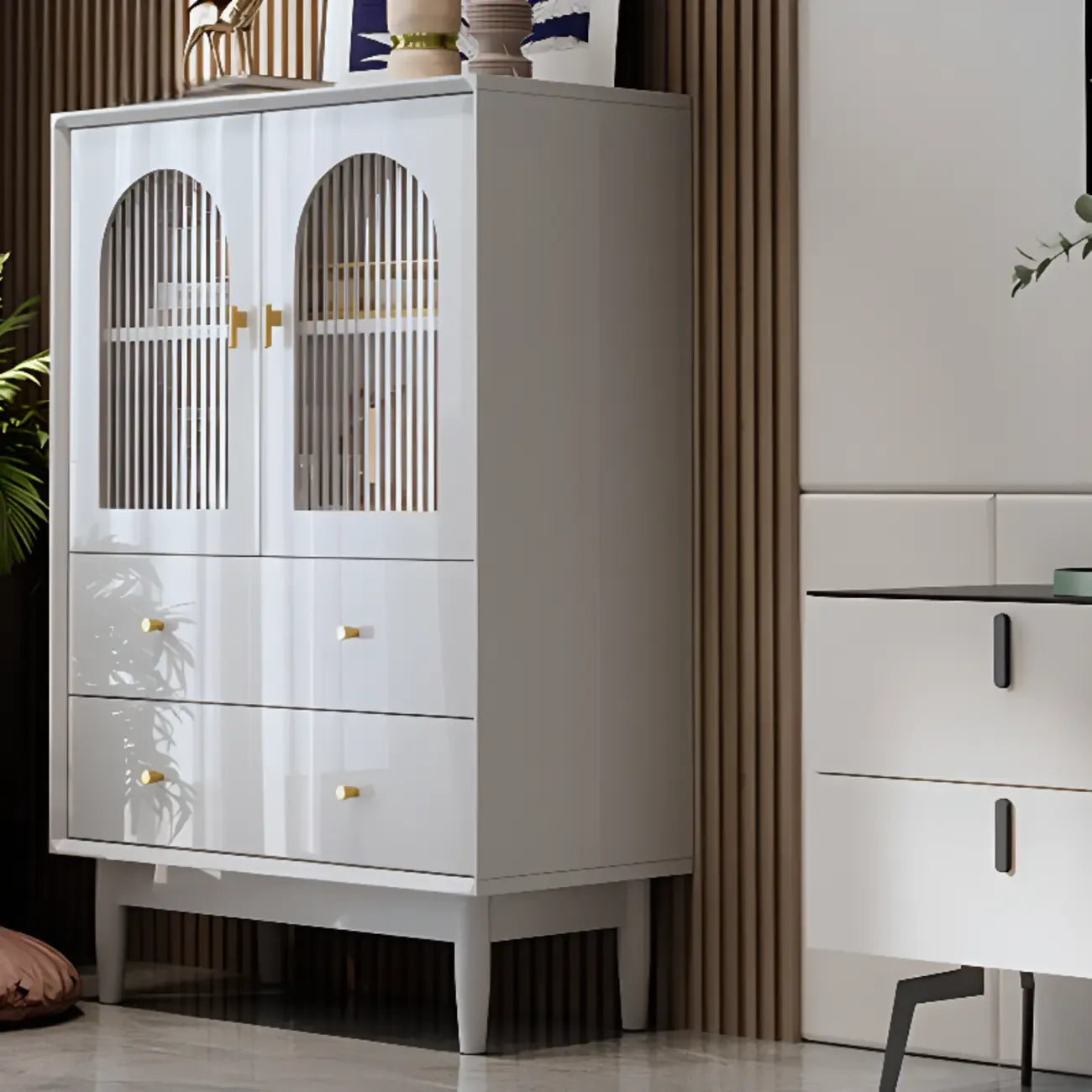 Modern Elegant White Lumber Storage Cabinet with Glass Doors