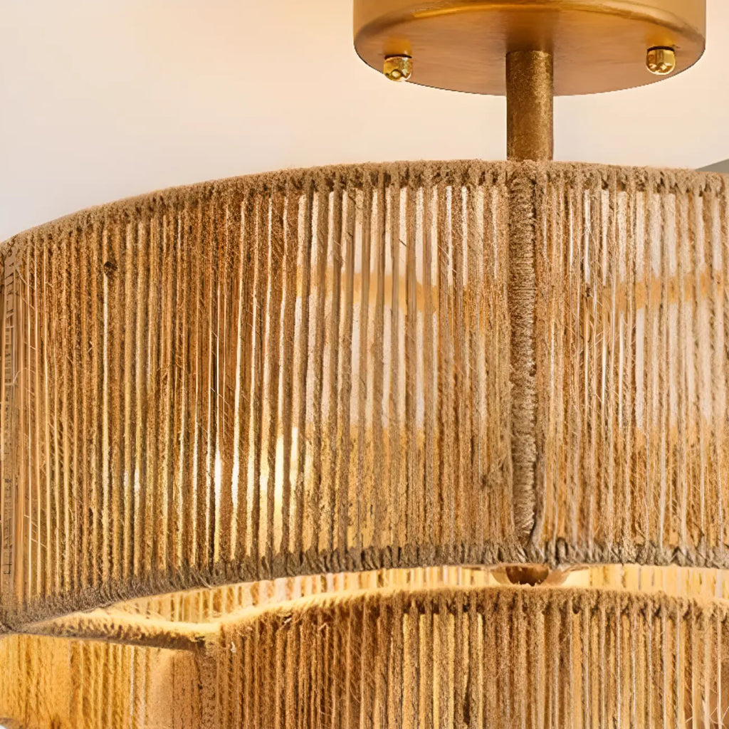 Rustic Dual Tier Jute Drum Shade Semi Flush Mount Ceiling Light