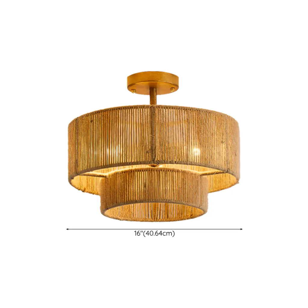Rustic Dual Tier Jute Drum Shade Semi Flush Mount Ceiling Light