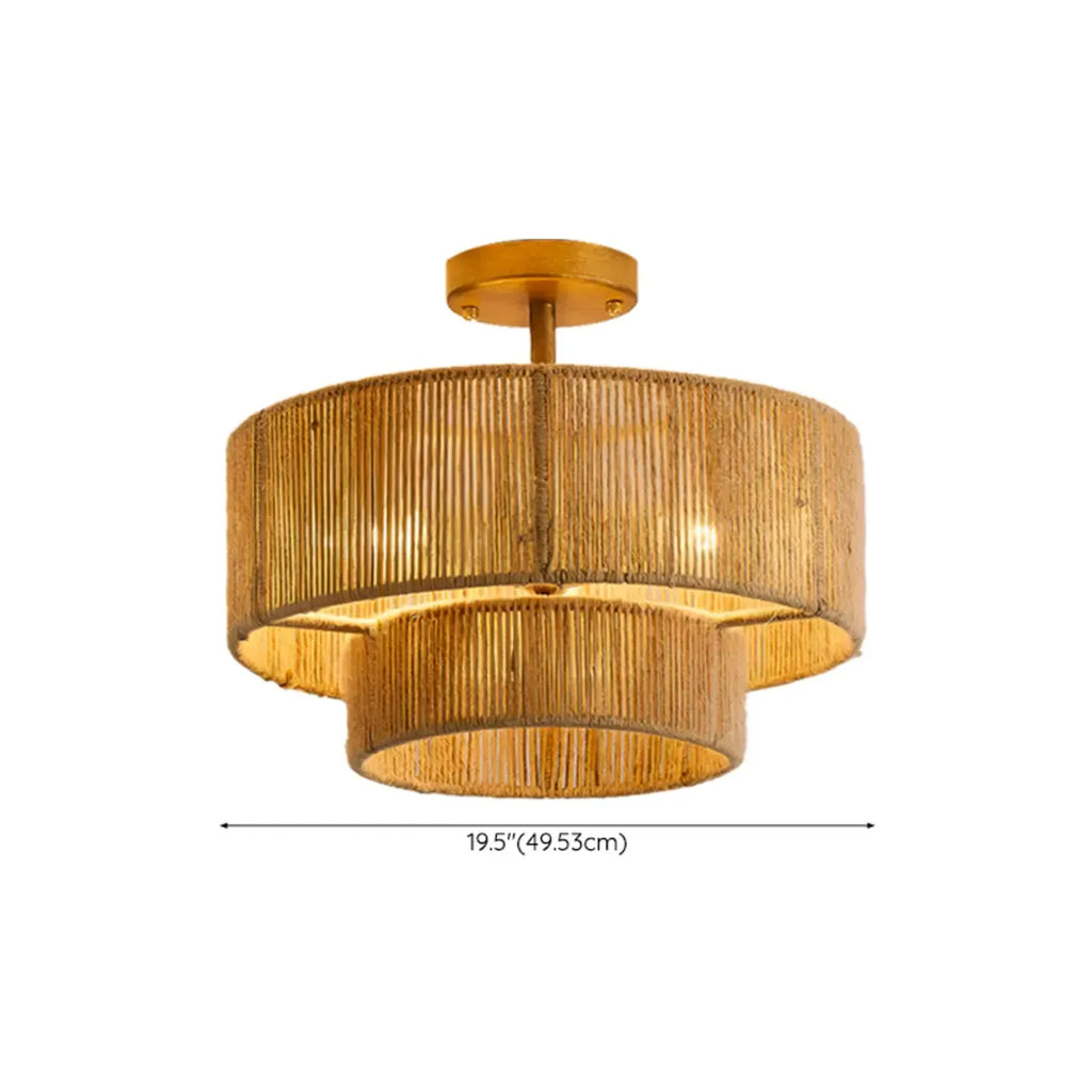 Rustic Dual Tier Jute Drum Shade Semi Flush Mount Ceiling Light