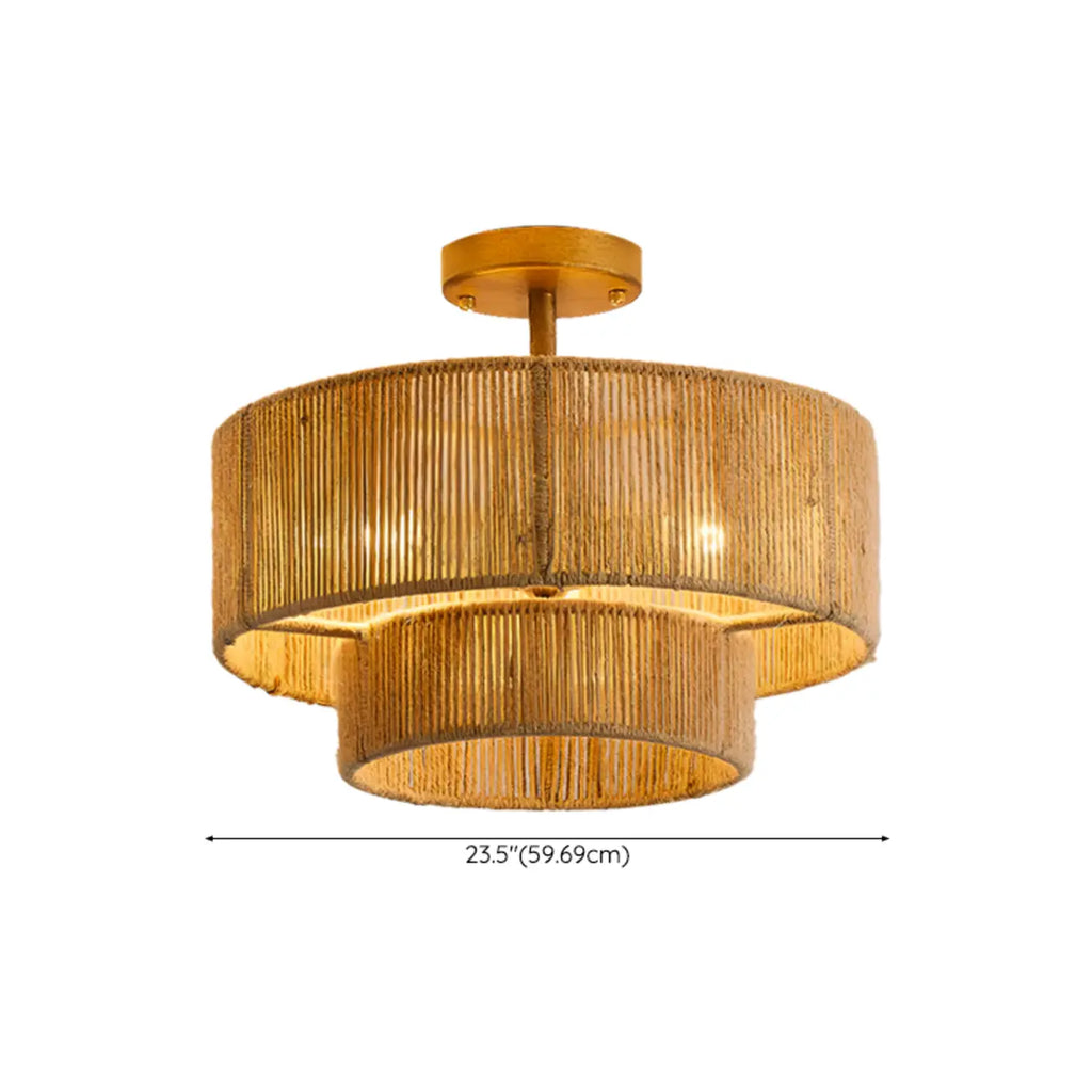 Rustic Dual Tier Jute Drum Shade Semi Flush Mount Ceiling Light