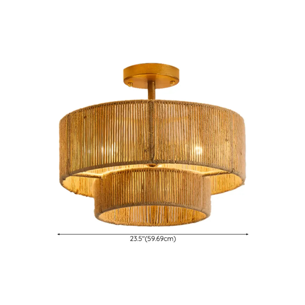 Rustic Dual Tier Jute Drum Shade Semi Flush Mount Ceiling Light