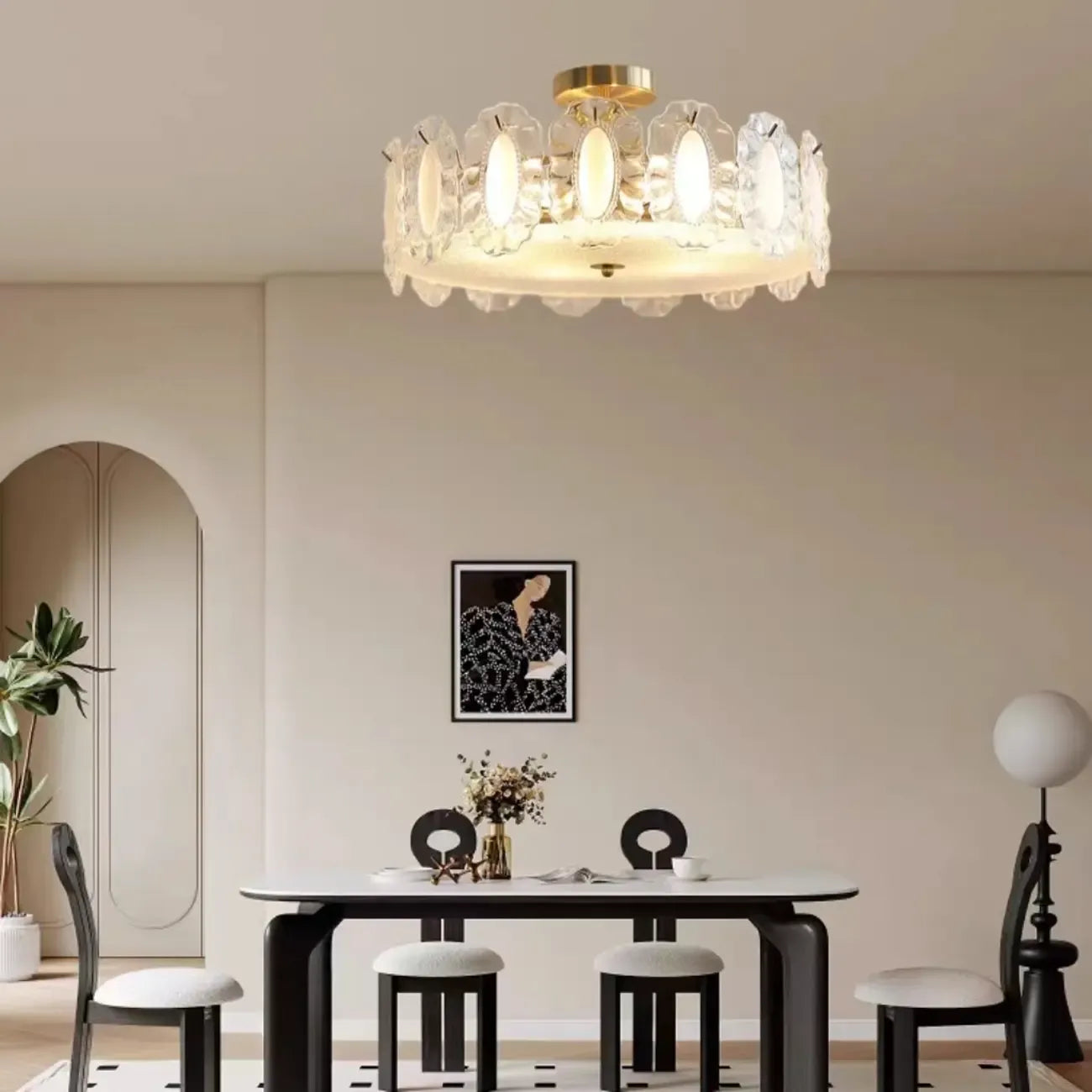 Elegant Glass Drum Shape Golden Semi Flush Light