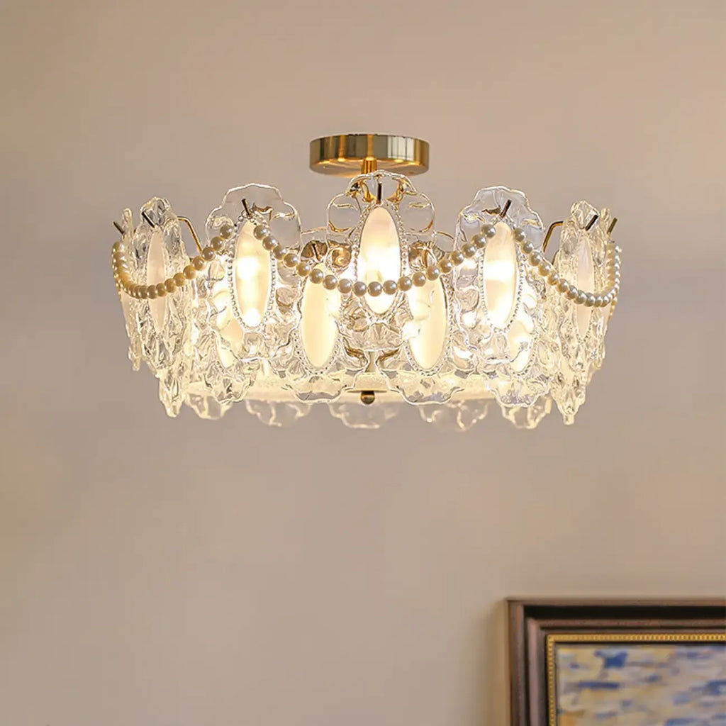 Elegant Glass Drum Shape Golden Semi Flush Light