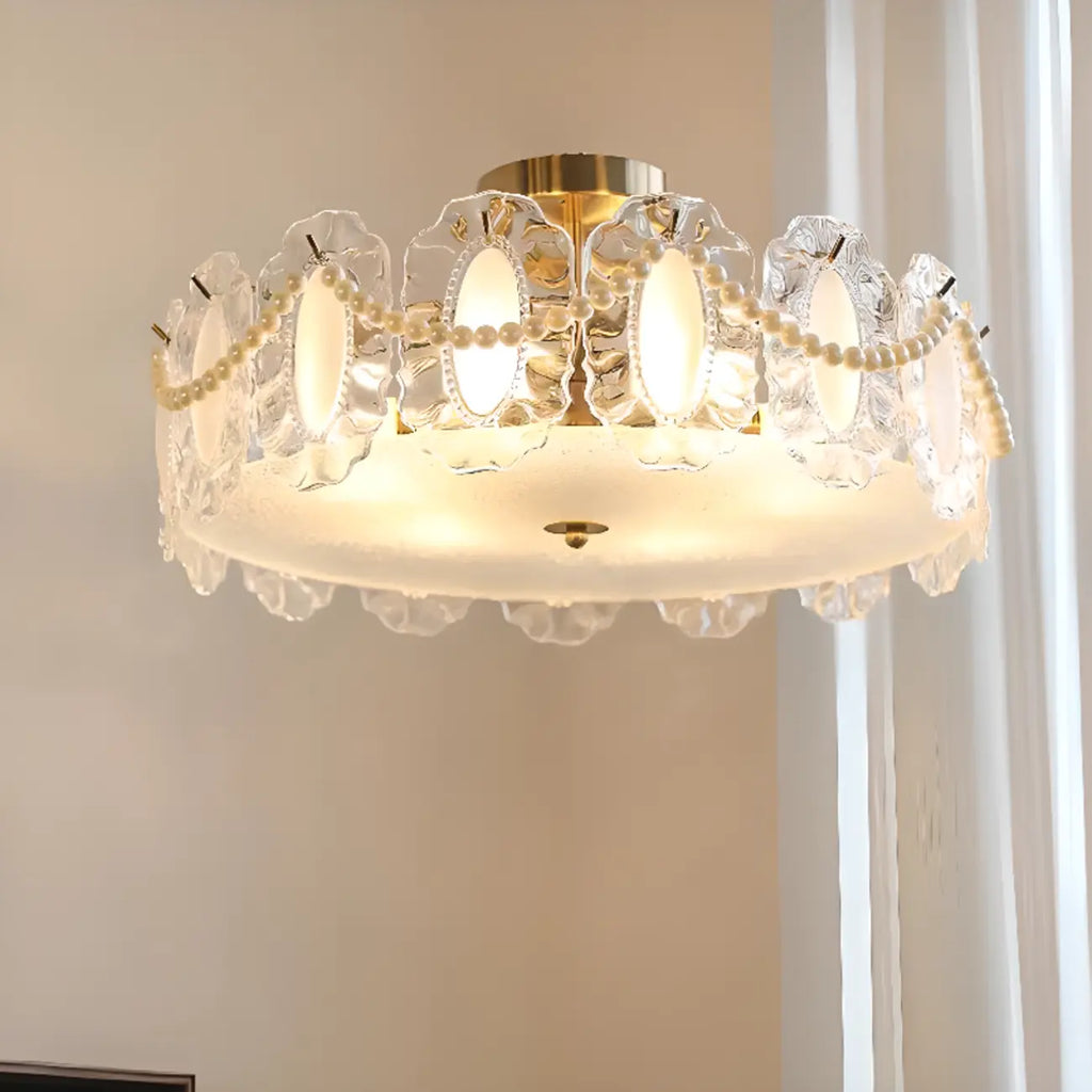 Elegant Glass Drum Shape Golden Semi Flush Light