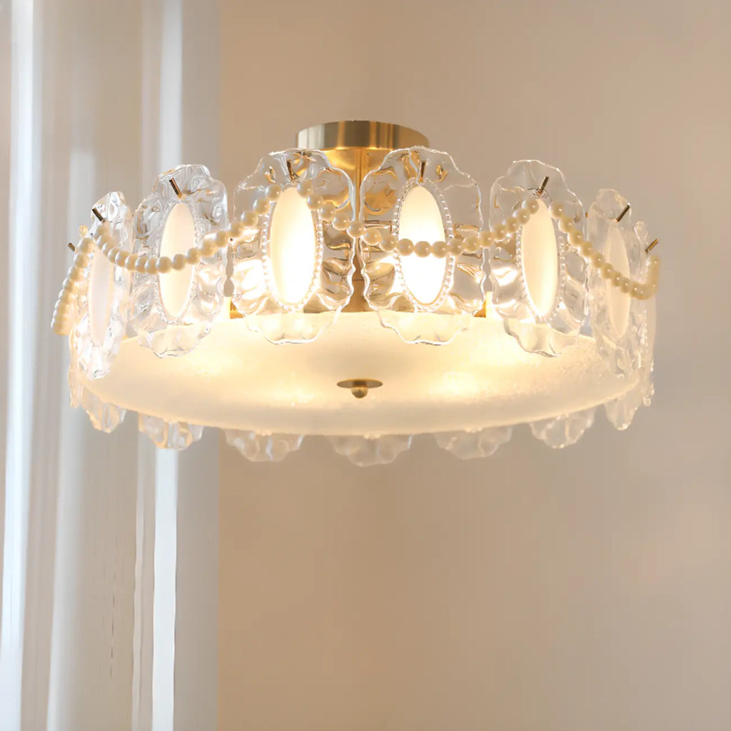 Elegant Glass Drum Shape Golden Semi Flush Light