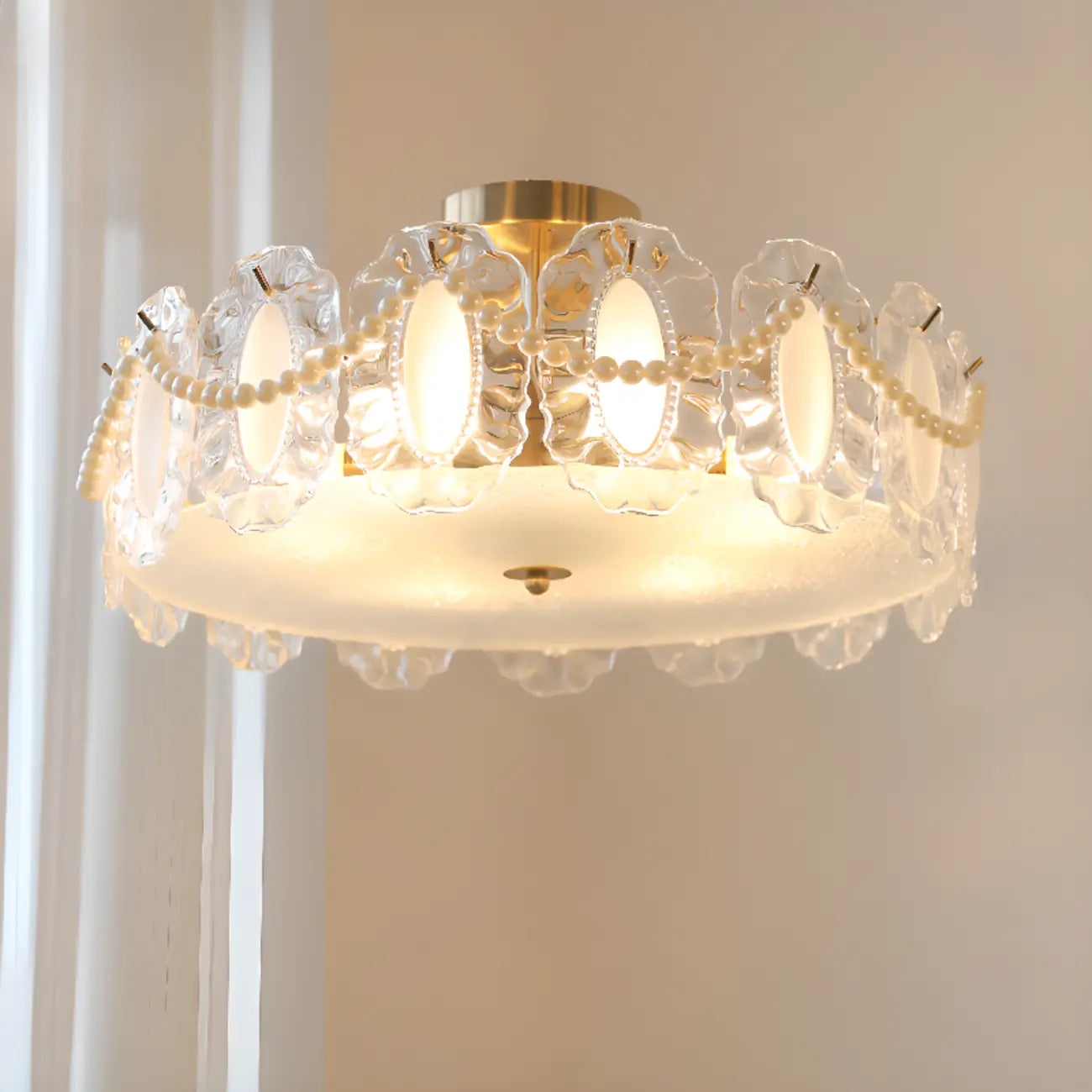 Elegant Glass Drum Shape Golden Semi Flush Light