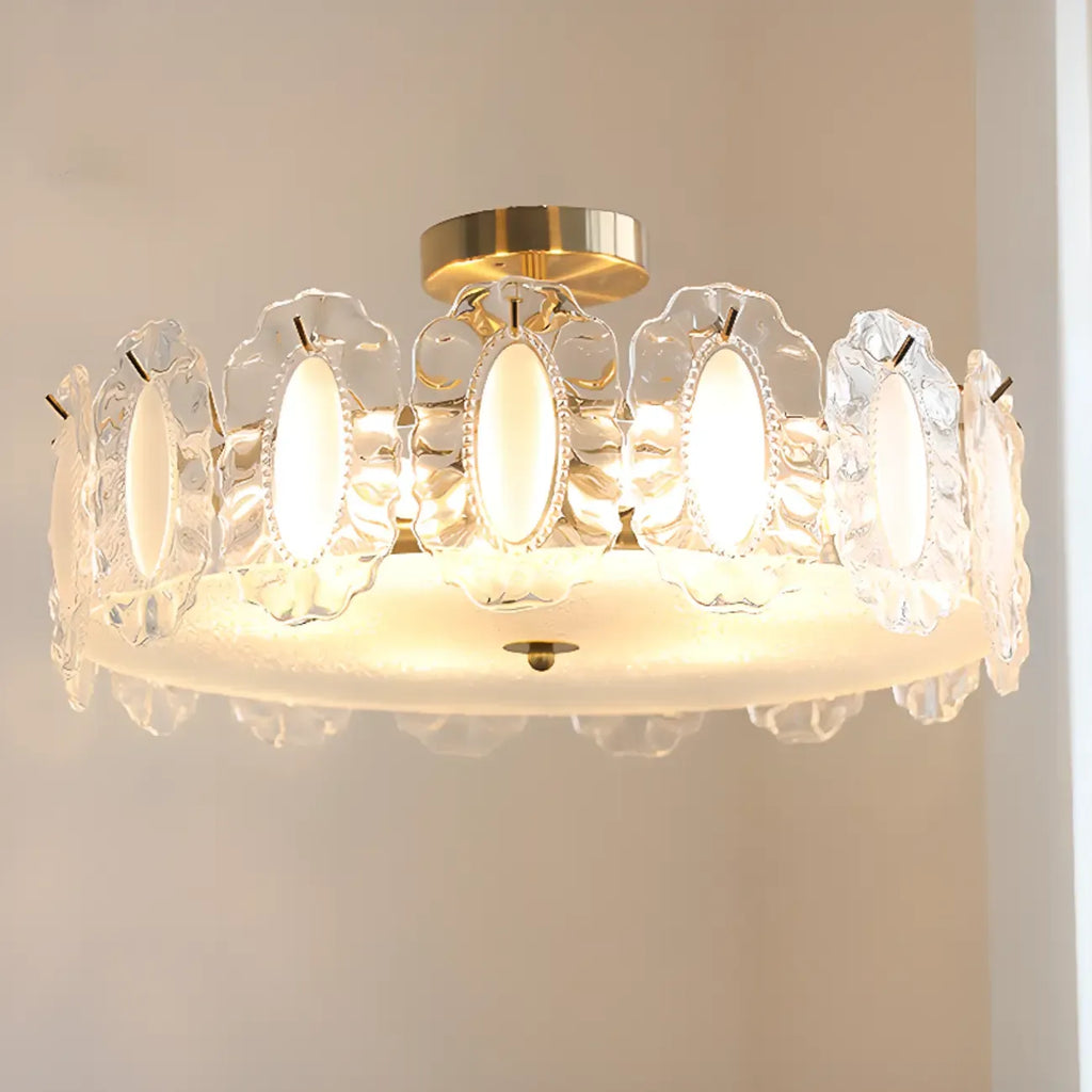 Elegant Glass Drum Shape Golden Semi Flush Light