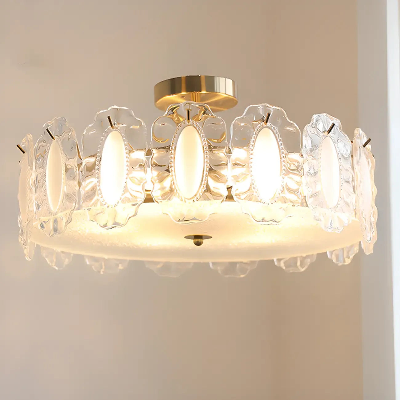 Elegant Glass Drum Shape Golden Semi Flush Light