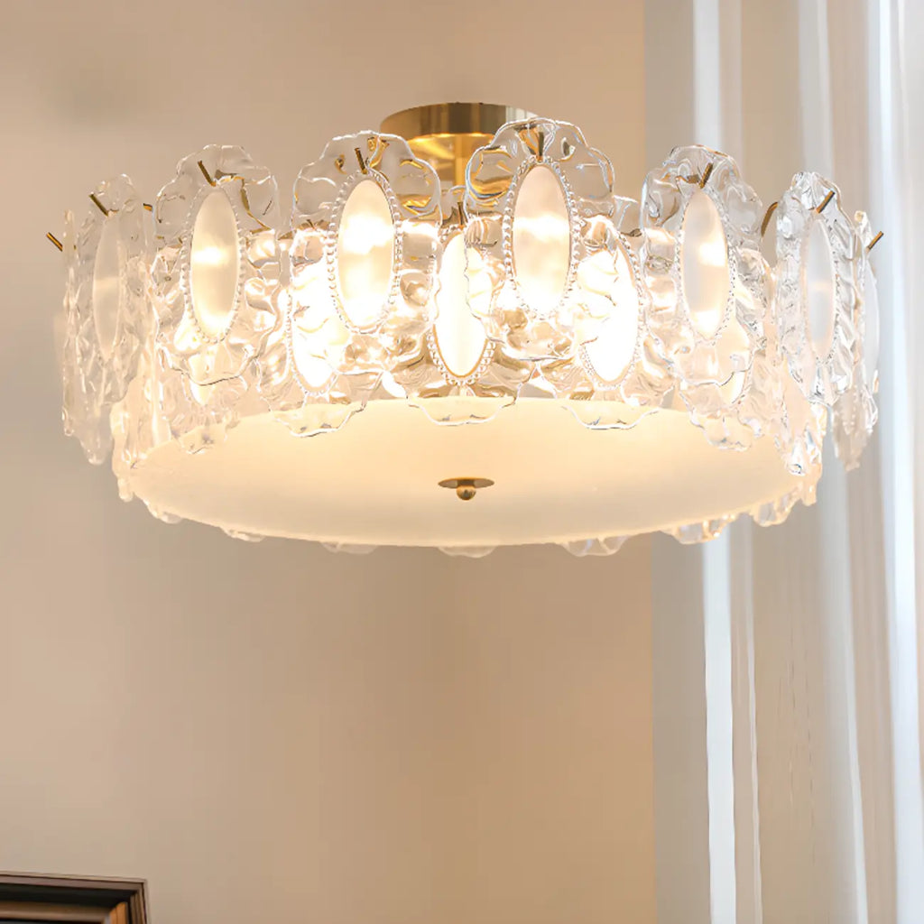 Elegant Glass Drum Shape Golden Semi Flush Light