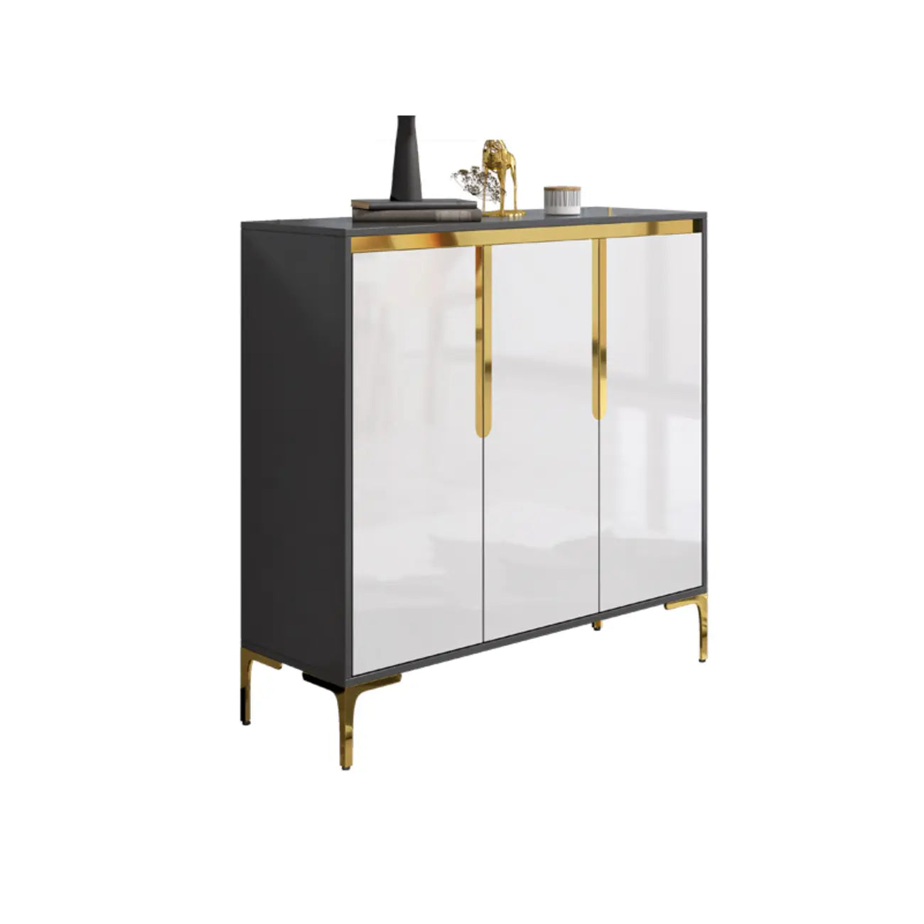 Entryway Wood Large Shoe Cabinet with Gold Accents