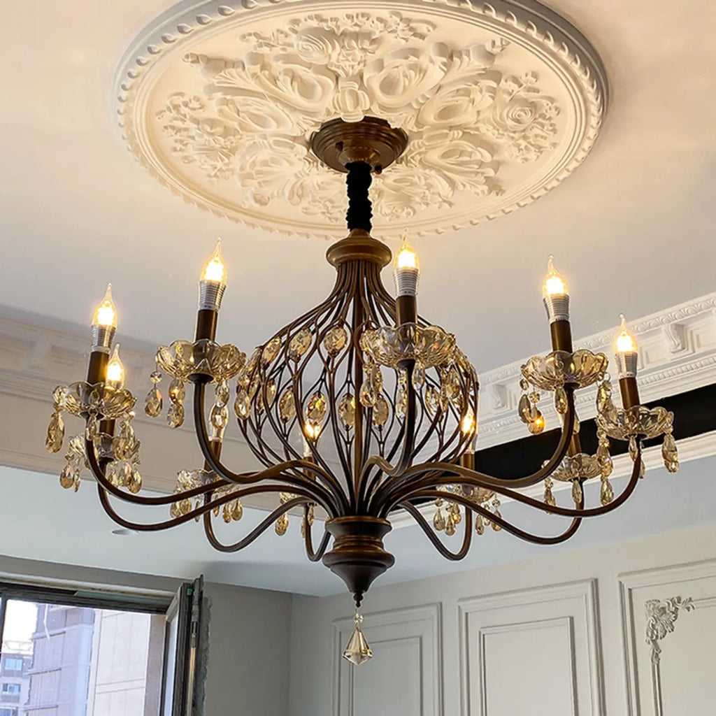 Retro Brown Metal Candelabra Amber Crystal Chandelier