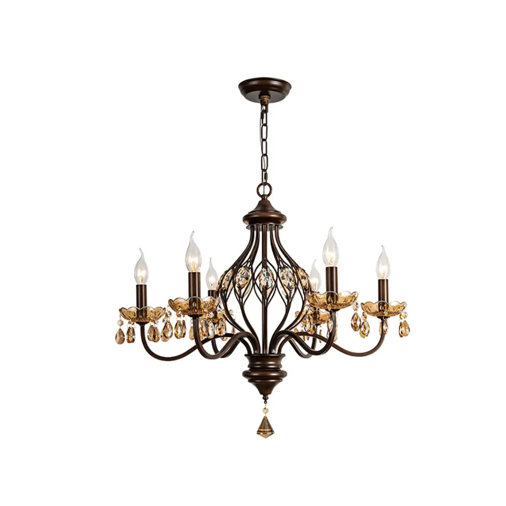 Retro Brown Metal Candelabra Amber Crystal Chandelier