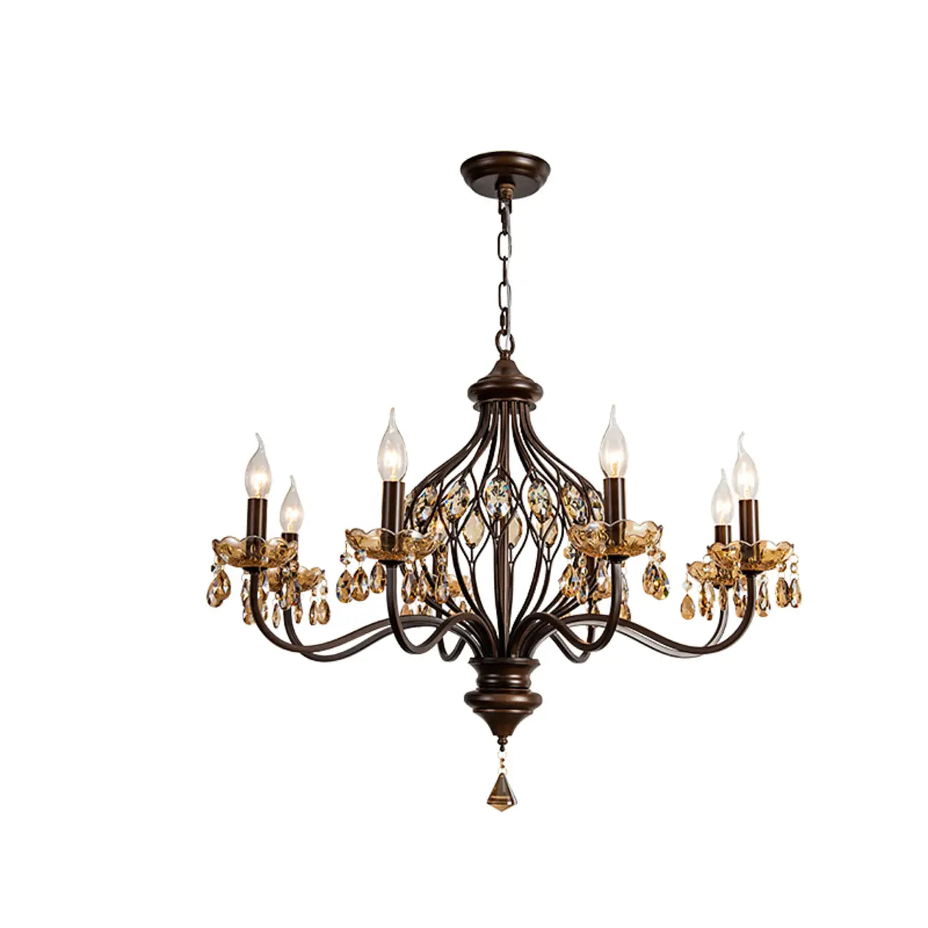 Retro Brown Metal Candelabra Amber Crystal Chandelier