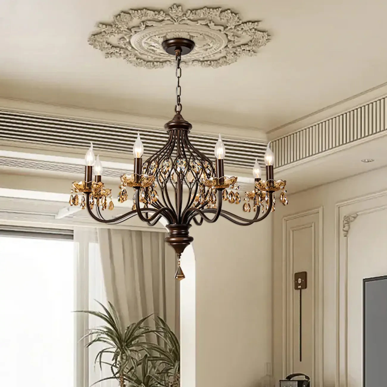 Retro Brown Metal Candelabra Amber Crystal Chandelier