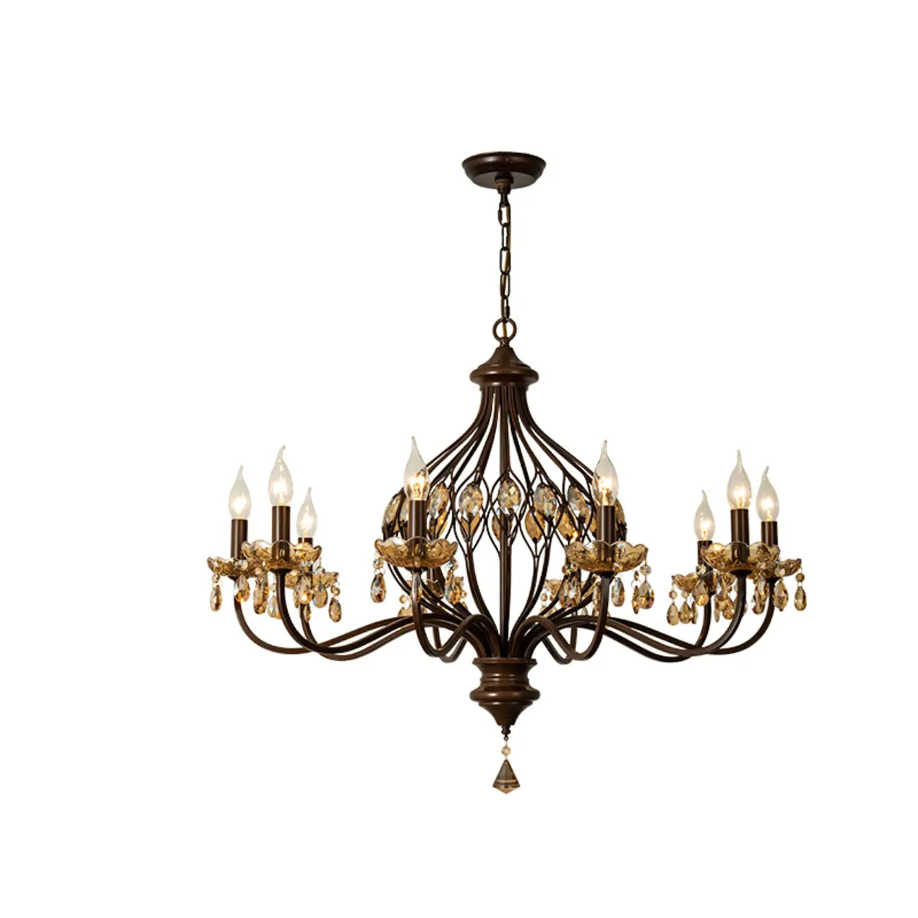 Retro Brown Metal Candelabra Amber Crystal Chandelier