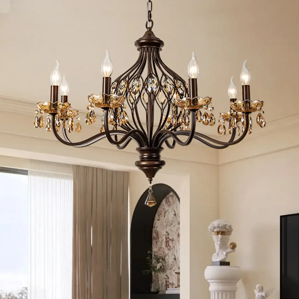 Retro Brown Metal Candelabra Amber Crystal Chandelier