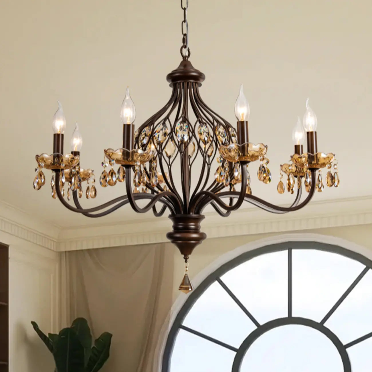 Retro Brown Metal Candelabra Amber Crystal Chandelier