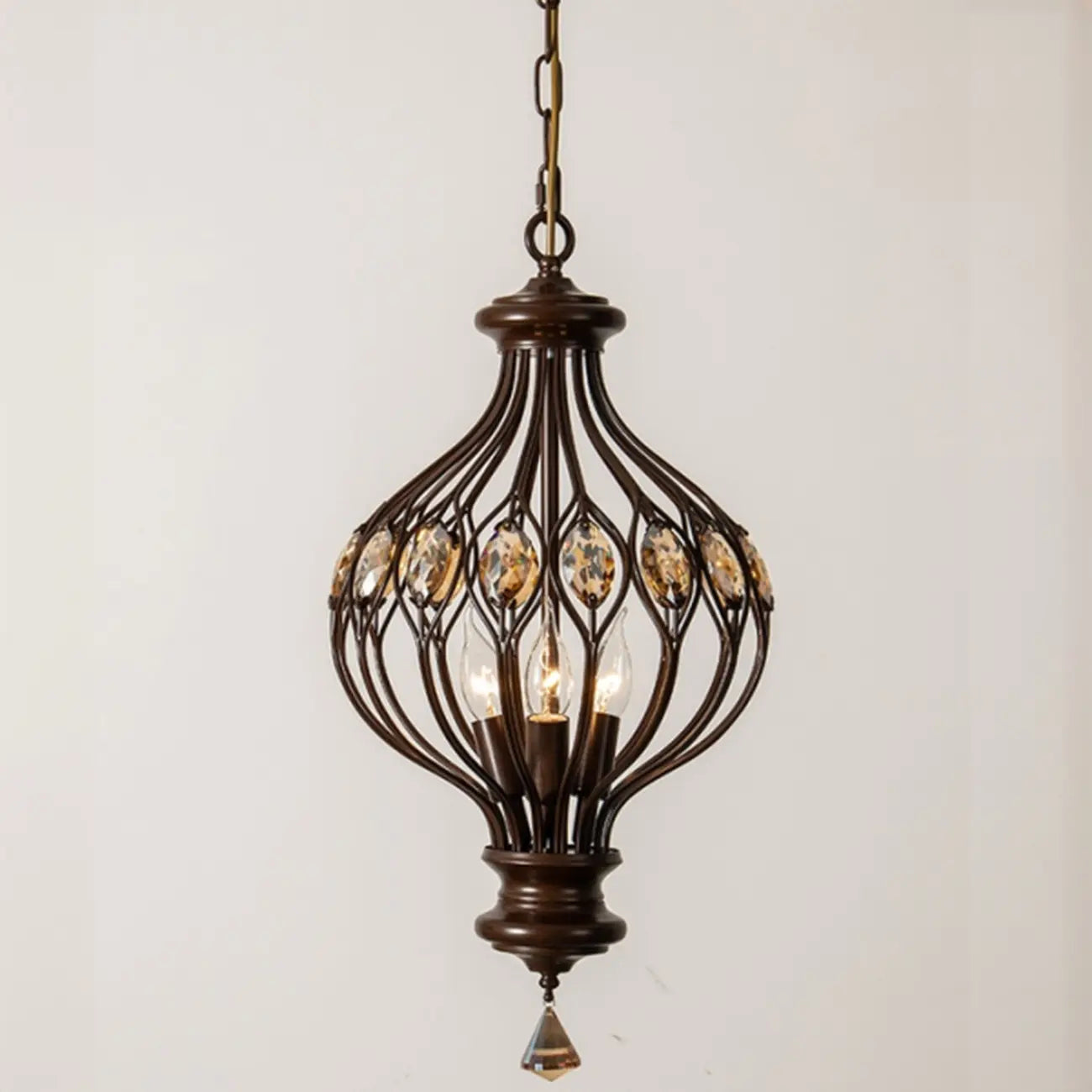 Retro Brown Metal Candelabra Amber Crystal Chandelier