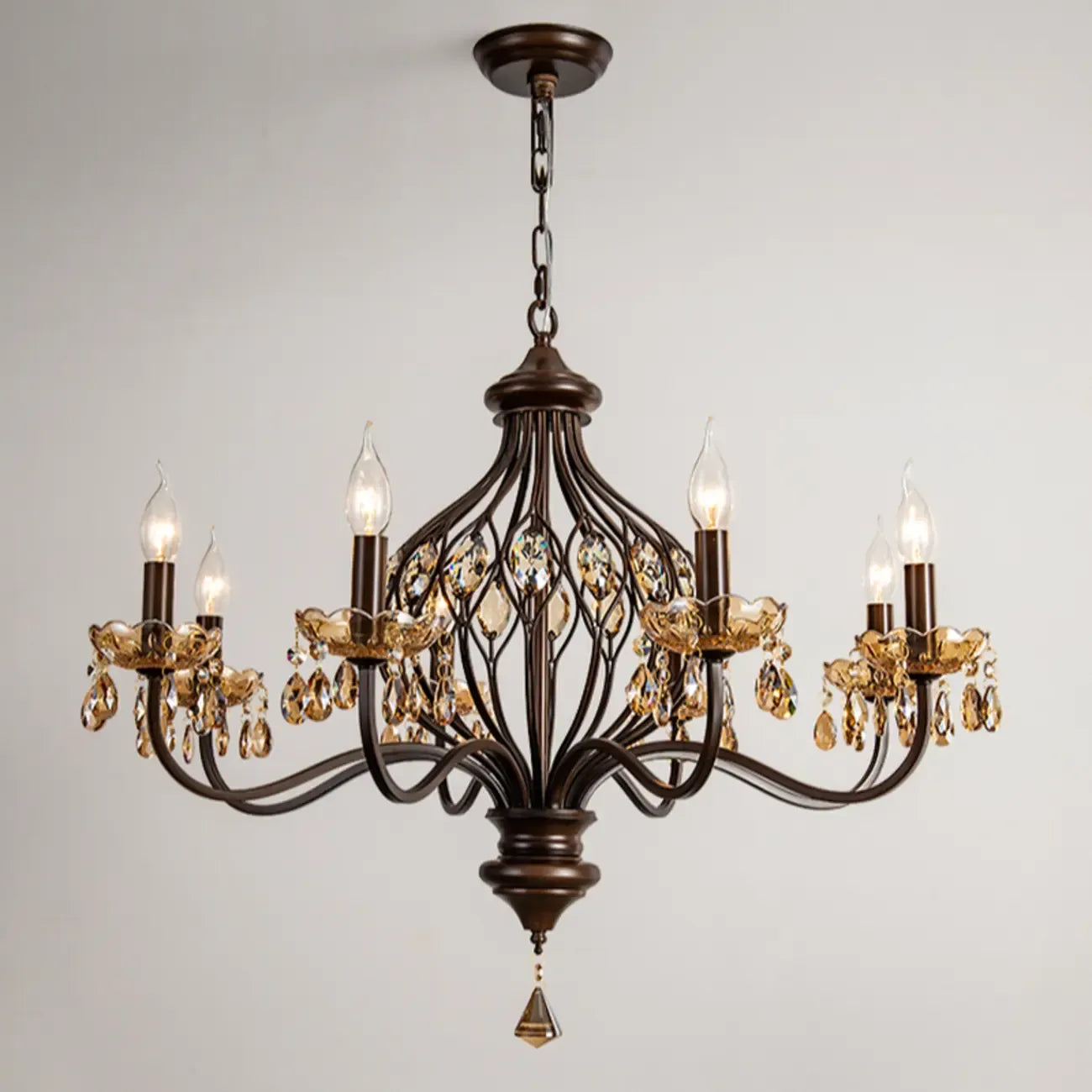 Retro Brown Metal Candelabra Amber Crystal Chandelier