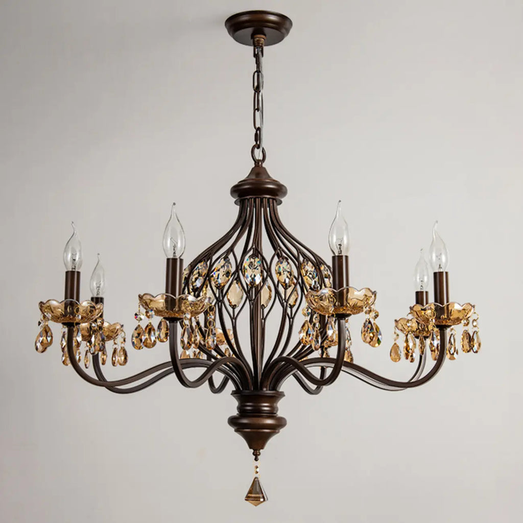 Retro Brown Metal Candelabra Amber Crystal Chandelier