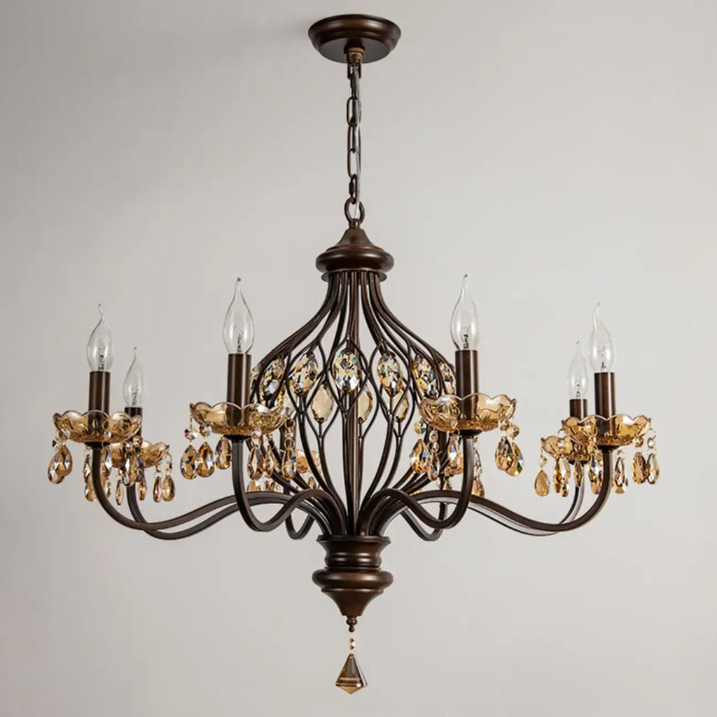 Retro Brown Metal Candelabra Amber Crystal Chandelier
