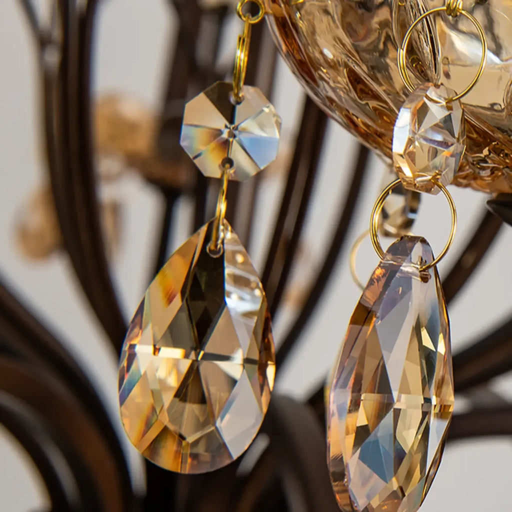 Retro Brown Metal Candelabra Amber Crystal Chandelier