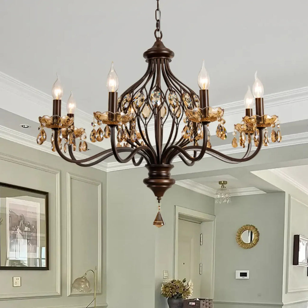 Retro Brown Metal Candelabra Amber Crystal Chandelier