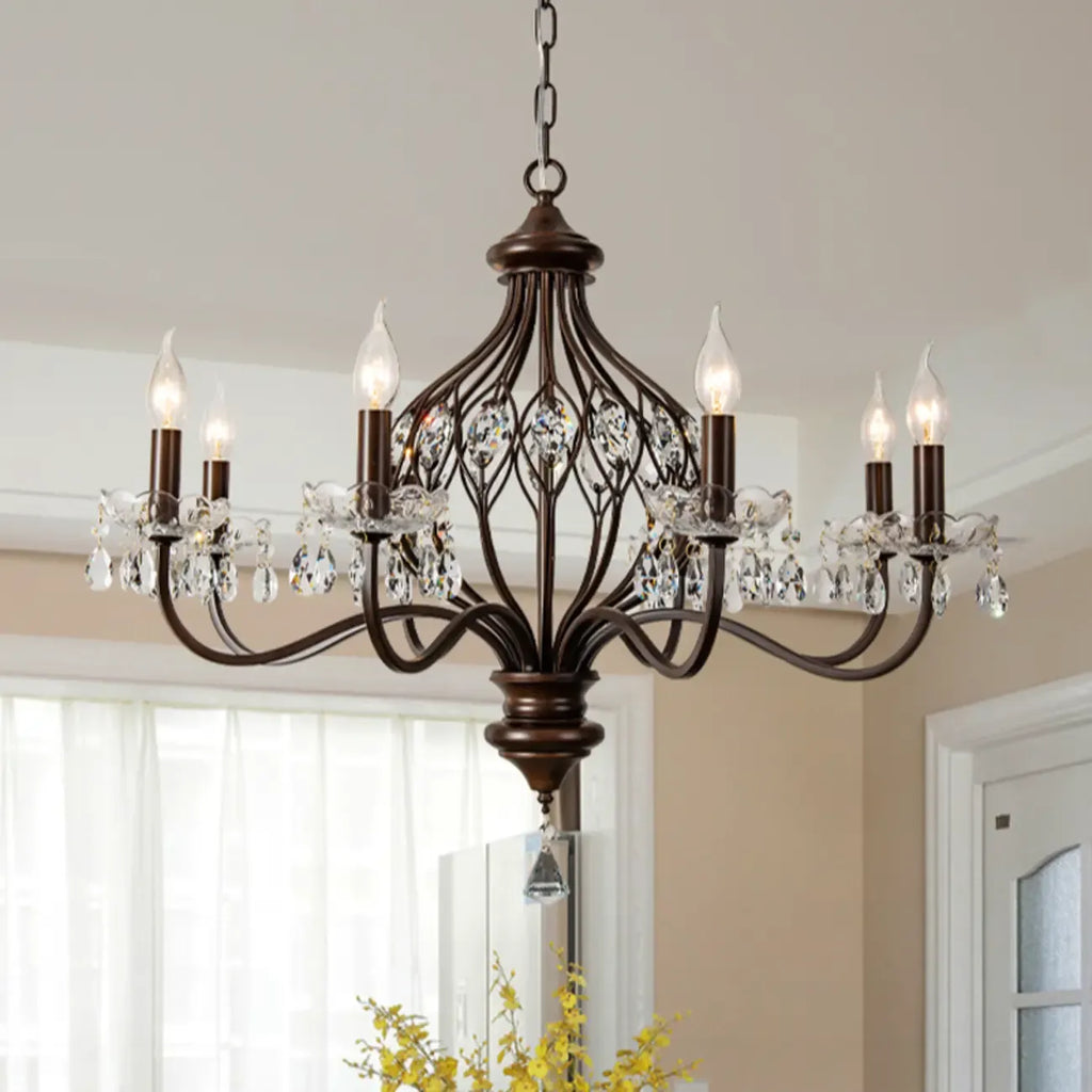 Retro Brown Metal Candelabra Amber Crystal Chandelier