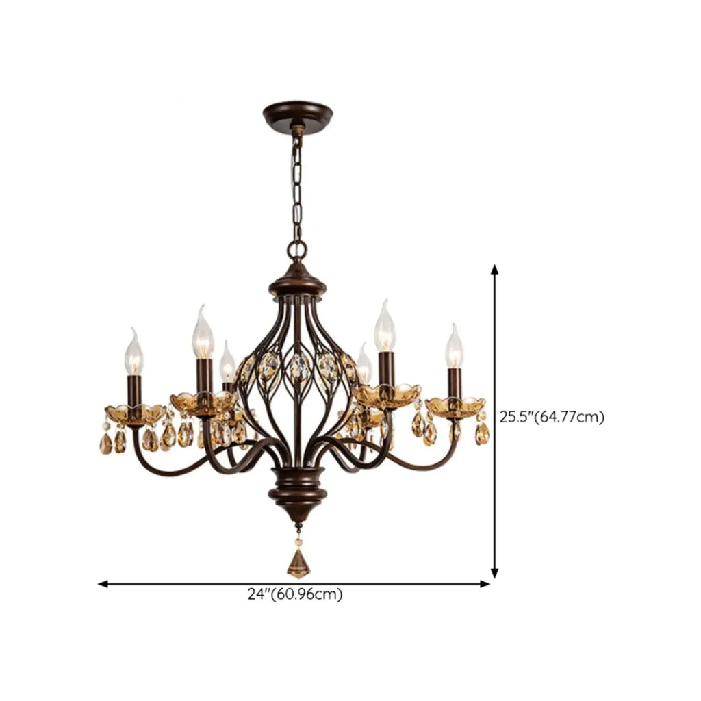 Retro Brown Metal Candelabra Amber Crystal Chandelier