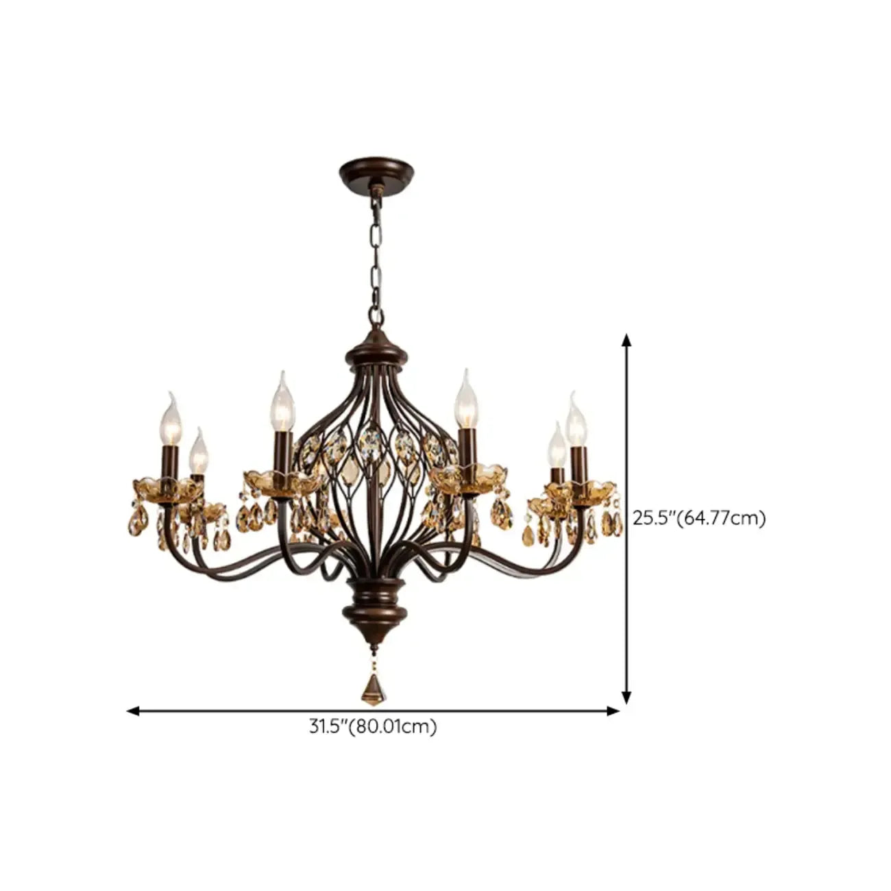 Retro Brown Metal Candelabra Amber Crystal Chandelier