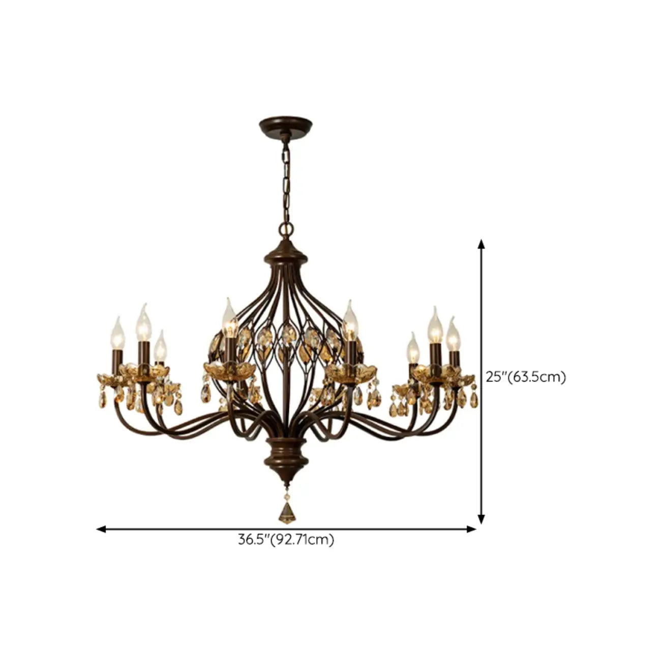Retro Brown Metal Candelabra Amber Crystal Chandelier